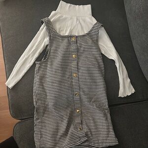 Zara Houndstooth Dress with Gold Accents and White Turtleneck